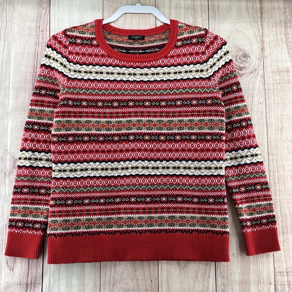 Talbots Sweater‎ Womens S Black Red Ski Fair Isle Wool Blend Nordic Jacquard Red